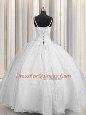 High Class Spaghetti Straps Floor Length Lace Up Sweet 16 Quinceanera Dress White for Military Ball and Sweet 16 and Quinceanera with Beading and Ruching