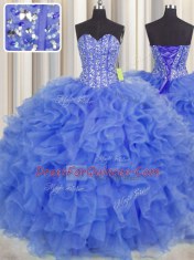 Shining Visible Boning Sweetheart Sleeveless Lace Up Sweet 16 Quinceanera Dress Blue Organza