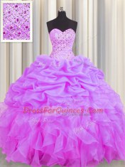 Lilac Ball Gowns Organza Sweetheart Sleeveless Beading and Ruffles and Pick Ups Floor Length Lace Up Quinceanera Gown