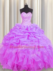 Lilac Ball Gowns Organza Sweetheart Sleeveless Beading and Ruffles and Pick Ups Floor Length Lace Up Quinceanera Gown