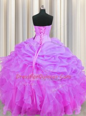 Lilac Ball Gowns Organza Sweetheart Sleeveless Beading and Ruffles and Pick Ups Floor Length Lace Up Quinceanera Gown