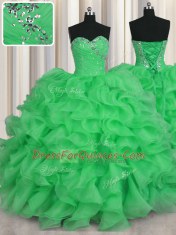 Green Sweet 16 Dress Military Ball and Sweet 16 and Quinceanera and For with Beading and Ruffles Sweetheart Sleeveless Lace Up