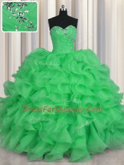 Green Sweet 16 Dress Military Ball and Sweet 16 and Quinceanera and For with Beading and Ruffles Sweetheart Sleeveless Lace Up