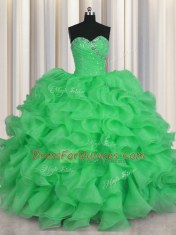 Green Sweet 16 Dress Military Ball and Sweet 16 and Quinceanera and For with Beading and Ruffles Sweetheart Sleeveless Lace Up