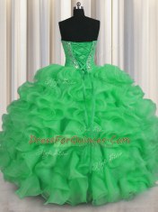 Green Sweet 16 Dress Military Ball and Sweet 16 and Quinceanera and For with Beading and Ruffles Sweetheart Sleeveless Lace Up