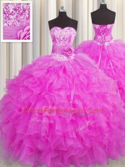 Handcrafted Flower Floor Length Ball Gowns Sleeveless Fuchsia Sweet 16 Dresses Lace Up