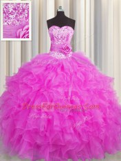 Handcrafted Flower Floor Length Ball Gowns Sleeveless Fuchsia Sweet 16 Dresses Lace Up
