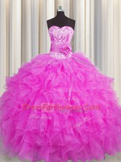 Handcrafted Flower Floor Length Ball Gowns Sleeveless Fuchsia Sweet 16 Dresses Lace Up