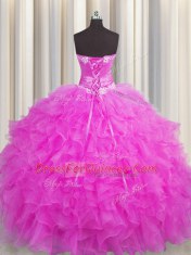 Handcrafted Flower Floor Length Ball Gowns Sleeveless Fuchsia Sweet 16 Dresses Lace Up