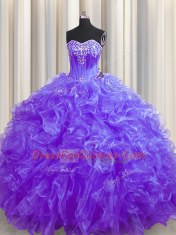 Super Beading and Ruffles Sweet 16 Quinceanera Dress Purple Lace Up Sleeveless Brush Train