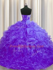 Super Beading and Ruffles Sweet 16 Quinceanera Dress Purple Lace Up Sleeveless Brush Train