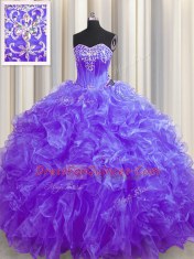 Super Beading and Ruffles Sweet 16 Quinceanera Dress Purple Lace Up Sleeveless Brush Train