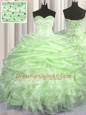 Sexy Sleeveless Organza With Brush Train Lace Up Vestidos de Quinceanera in Yellow Green with Beading and Ruffles and Pick Ups