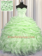 Sexy Sleeveless Organza With Brush Train Lace Up Vestidos de Quinceanera in Yellow Green with Beading and Ruffles and Pick Ups