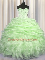 Sexy Sleeveless Organza With Brush Train Lace Up Vestidos de Quinceanera in Yellow Green with Beading and Ruffles and Pick Ups