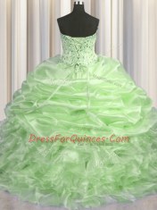 Sexy Sleeveless Organza With Brush Train Lace Up Vestidos de Quinceanera in Yellow Green with Beading and Ruffles and Pick Ups