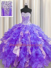 Sexy Visible Boning Floor Length Lace Up Quinceanera Gown Purple for Military Ball and Sweet 16 and Quinceanera with Beading and Ruffles and Sequins