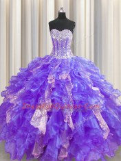 Sexy Visible Boning Floor Length Lace Up Quinceanera Gown Purple for Military Ball and Sweet 16 and Quinceanera with Beading and Ruffles and Sequins