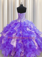 Sexy Visible Boning Floor Length Lace Up Quinceanera Gown Purple for Military Ball and Sweet 16 and Quinceanera with Beading and Ruffles and Sequins
