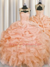 Elegant Scoop Beading and Pick Ups Quinceanera Gowns Peach Lace Up Sleeveless Floor Length