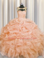 Elegant Scoop Beading and Pick Ups Quinceanera Gowns Peach Lace Up Sleeveless Floor Length