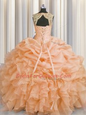 Elegant Scoop Beading and Pick Ups Quinceanera Gowns Peach Lace Up Sleeveless Floor Length