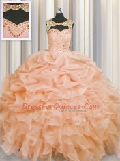 Elegant Scoop Beading and Pick Ups Quinceanera Gowns Peach Lace Up Sleeveless Floor Length