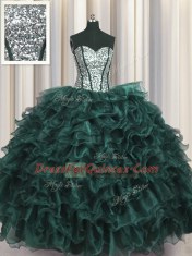 Charming Sequins Visible Boning Sweetheart Sleeveless Lace Up Quinceanera Dresses Peacock Green Organza and Sequined