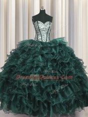 Charming Sequins Visible Boning Sweetheart Sleeveless Lace Up Quinceanera Dresses Peacock Green Organza and Sequined