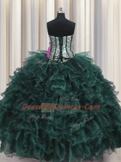 Charming Sequins Visible Boning Sweetheart Sleeveless Lace Up Quinceanera Dresses Peacock Green Organza and Sequined