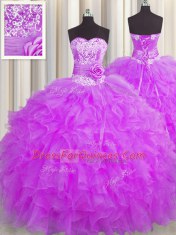 Traditional Handcrafted Flower Purple Ball Gowns Organza Sweetheart Sleeveless Beading and Ruffles and Hand Made Flower Floor Length Lace Up 15 Quinceanera Dress