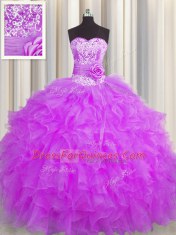 Traditional Handcrafted Flower Purple Ball Gowns Organza Sweetheart Sleeveless Beading and Ruffles and Hand Made Flower Floor Length Lace Up 15 Quinceanera Dress