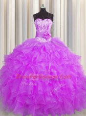 Traditional Handcrafted Flower Purple Ball Gowns Organza Sweetheart Sleeveless Beading and Ruffles and Hand Made Flower Floor Length Lace Up 15 Quinceanera Dress
