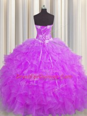 Traditional Handcrafted Flower Purple Ball Gowns Organza Sweetheart Sleeveless Beading and Ruffles and Hand Made Flower Floor Length Lace Up 15 Quinceanera Dress