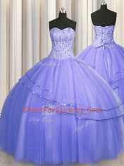 Sweet Visible Boning Puffy Skirt Purple Lace Up Vestidos de Quinceanera Beading Sleeveless Floor Length