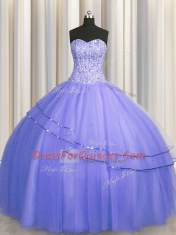 Sweet Visible Boning Puffy Skirt Purple Lace Up Vestidos de Quinceanera Beading Sleeveless Floor Length