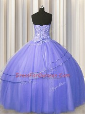 Sweet Visible Boning Puffy Skirt Purple Lace Up Vestidos de Quinceanera Beading Sleeveless Floor Length