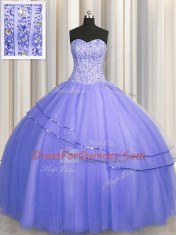 Sweet Visible Boning Puffy Skirt Purple Lace Up Vestidos de Quinceanera Beading Sleeveless Floor Length