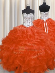 Red Lace Up Sweet 16 Dress Beading and Ruffles Sleeveless Floor Length