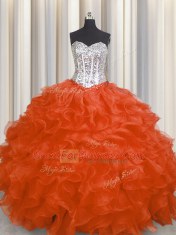 Red Lace Up Sweet 16 Dress Beading and Ruffles Sleeveless Floor Length