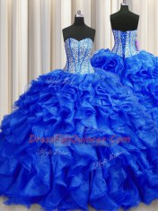 Visible Boning Sweetheart Sleeveless Brush Train Lace Up Quinceanera Gown Royal Blue Organza