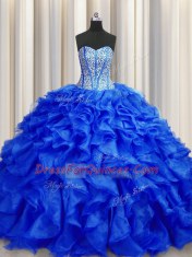 Visible Boning Sweetheart Sleeveless Brush Train Lace Up Quinceanera Gown Royal Blue Organza