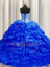 Visible Boning Sweetheart Sleeveless Brush Train Lace Up Quinceanera Gown Royal Blue Organza