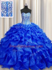 Visible Boning Sweetheart Sleeveless Brush Train Lace Up Quinceanera Gown Royal Blue Organza