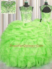 See Through Ball Gowns Scoop Sleeveless Organza Floor Length Lace Up Beading and Ruffles and Pick Ups 15 Quinceanera Dress