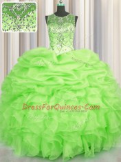 See Through Ball Gowns Scoop Sleeveless Organza Floor Length Lace Up Beading and Ruffles and Pick Ups 15 Quinceanera Dress