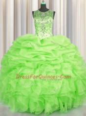See Through Ball Gowns Scoop Sleeveless Organza Floor Length Lace Up Beading and Ruffles and Pick Ups 15 Quinceanera Dress