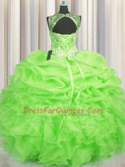 See Through Ball Gowns Scoop Sleeveless Organza Floor Length Lace Up Beading and Ruffles and Pick Ups 15 Quinceanera Dress