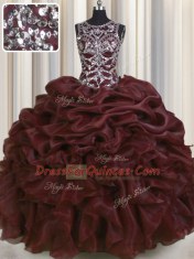 Stunning See Through Sleeveless Lace Up Floor Length Beading and Pick Ups Quinceanera Dress