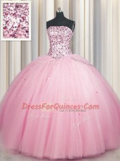 Big Puffy Pink Tulle Lace Up Strapless Sleeveless Floor Length Ball Gown Prom Dress Sequins